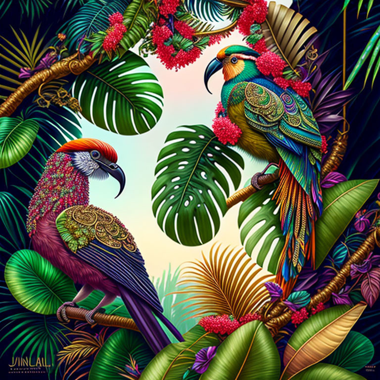 Vibrantly colored parrots in lush tropical foliage with red blossoms