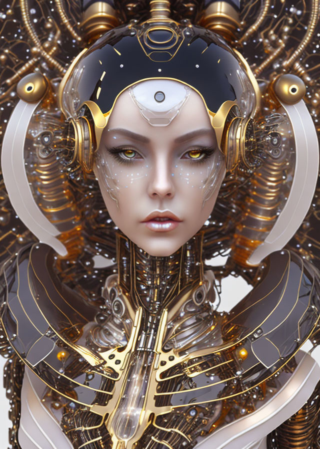 Digital Artwork: Female Figure in Gold and Black Futuristic Armor