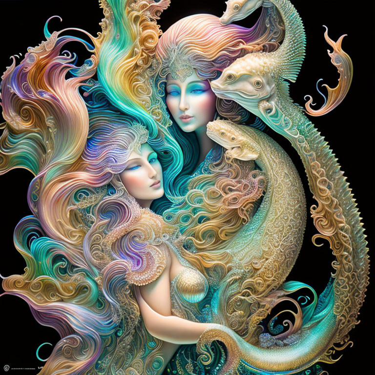 Intricate Artwork: Ethereal Female Figures with Multicolored Hair and Golden Dragon in Fantasy