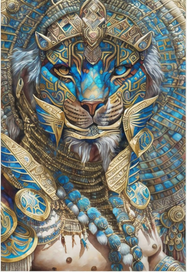 Majestic lion with Egyptian-style headdress and armor in vibrant artwork