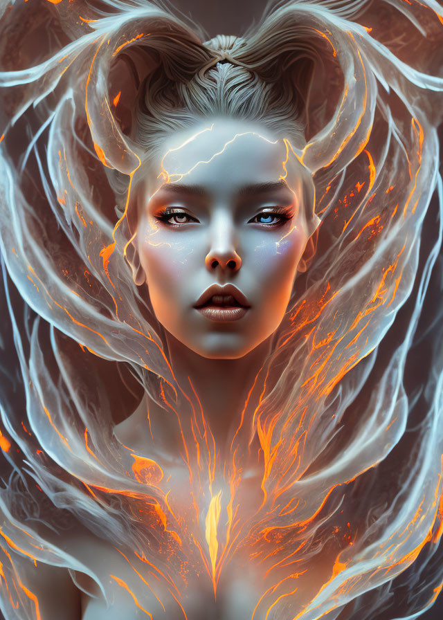 Digital Artwork: Woman with Glowing Orange and White Energy