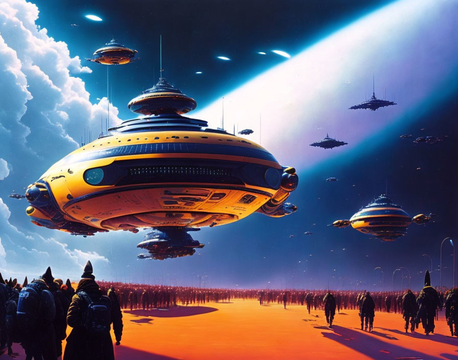 Futuristic spaceships above figures on orange surface under split sky