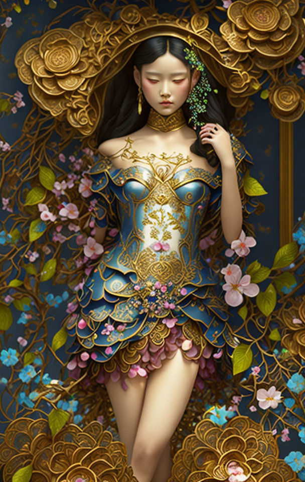 Woman in ornate gold and blue corset against floral background