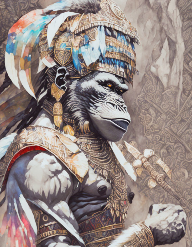 Illustrated gorilla in tribal chief attire with intricate headdress and jewelry