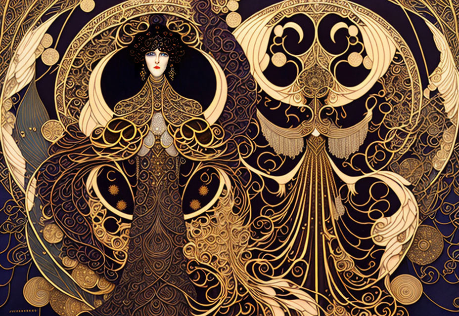Art Nouveau Dark-Haired Woman in Gold Patterns on Navy Background