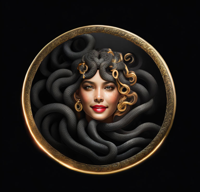 Stylized portrait of woman with serpentine hair in golden circular frame