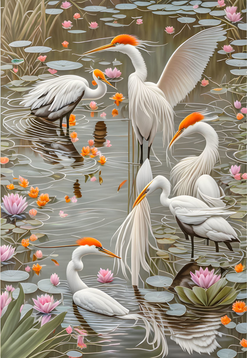 Five White Herons Among Pink Water Lilies in Tranquil Pond