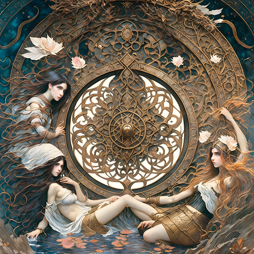 Ethereal fantasy women with flowing hair in ornate setting
