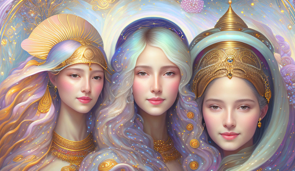 Ethereal Women with Golden Headpieces in Mystical Setting