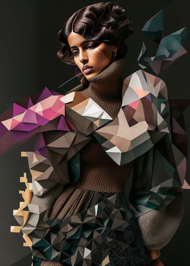 Geometric patterns stylize woman's portrait on dark background