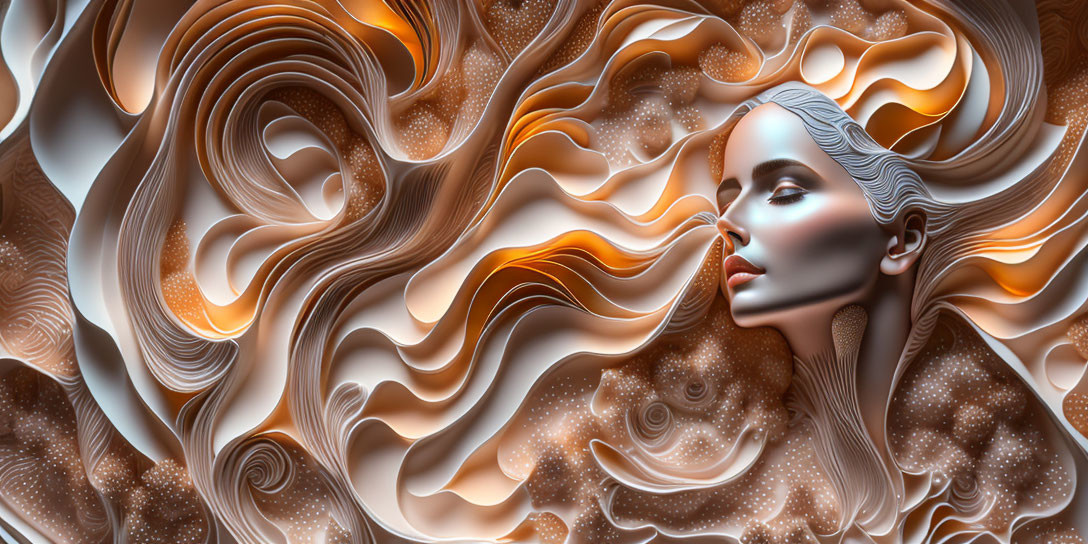 Abstract digital artwork: Metallic woman's face in swirling cream and brown patterns