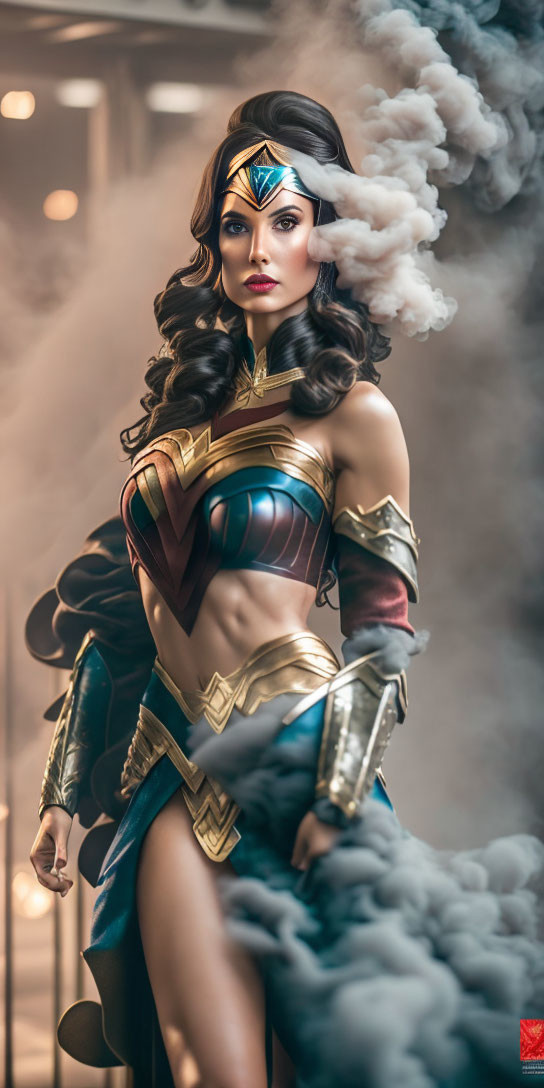 Woman in Wonder Woman costume with tiara, armor, and smoke background