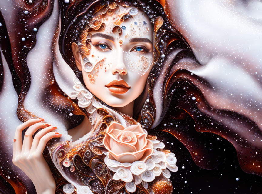 Fantastical portrait of woman with ornate jewelry and galaxy backdrop