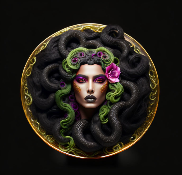 Medusa depiction with snake hair, bold makeup, rose, in golden-framed circle