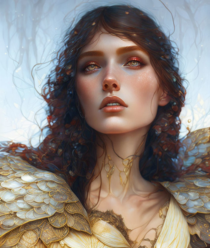 Digital artwork: Woman with amber eyes, auburn hair, & golden feather-like armor.