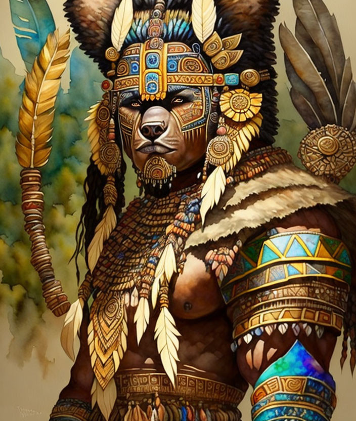 Person with Bear Head Wearing Native American Headdress and Tribal Jewelry