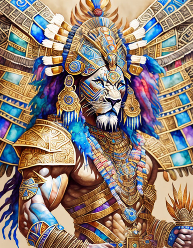 Colorful anthropomorphic lion in Aztec armor and headdress.