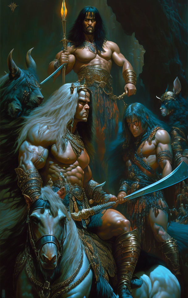 Dark fantasy warriors with torch, sword, and horse in powerful pose
