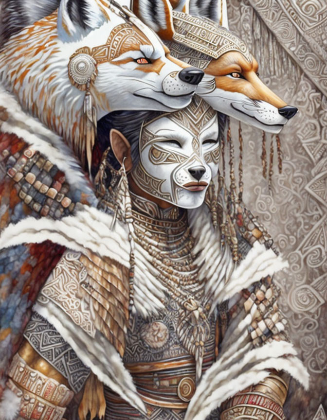 Intricate tribal attire with fox-themed headdress on ornate background
