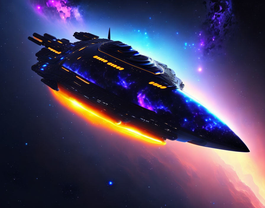 Futuristic spaceship with starry design in space with glowing engines