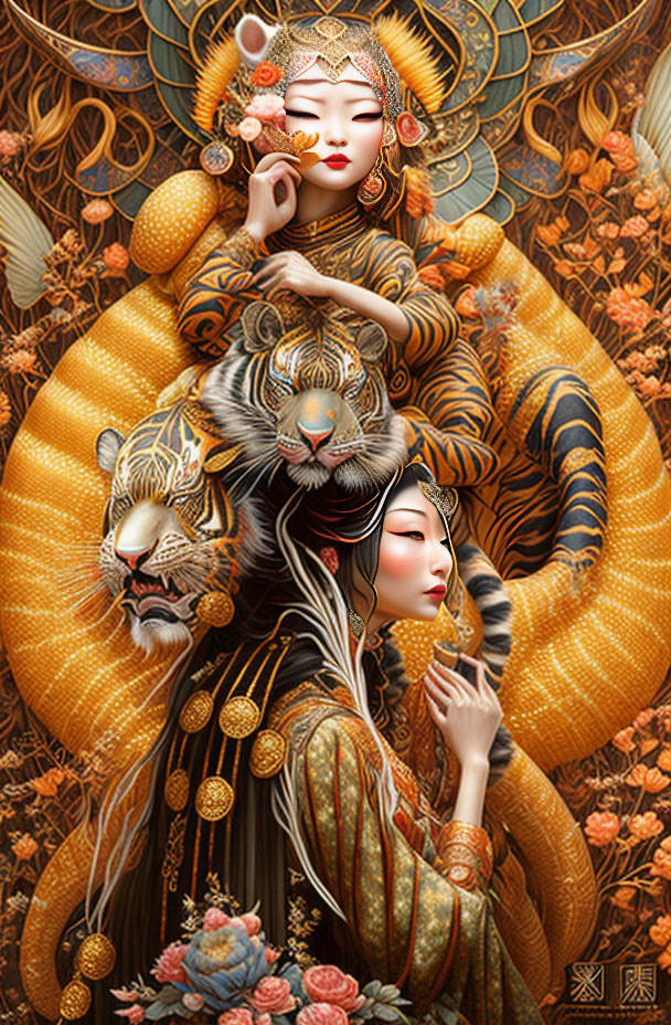 Detailed Artwork of Two Women in Ornate Attire with Tigers and Golden Patterns