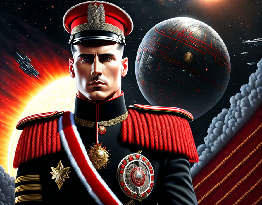 Military Officer in Decorated Uniform with Sci-Fi Space Station Background