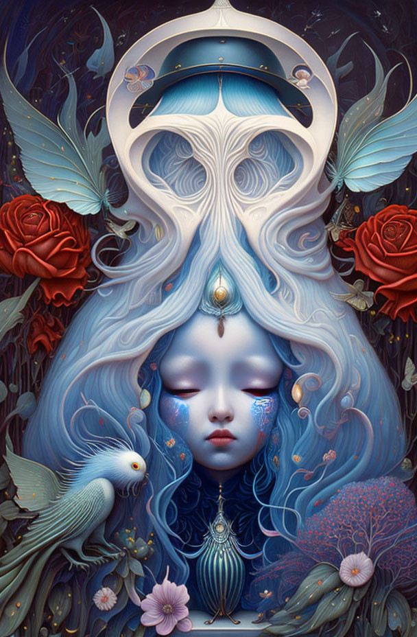 Surrealist portrait of blue-hued woman with ornate hair design and nature elements