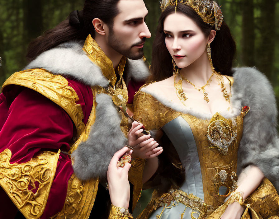 Medieval royal couple in elaborate attire holding hands in forest
