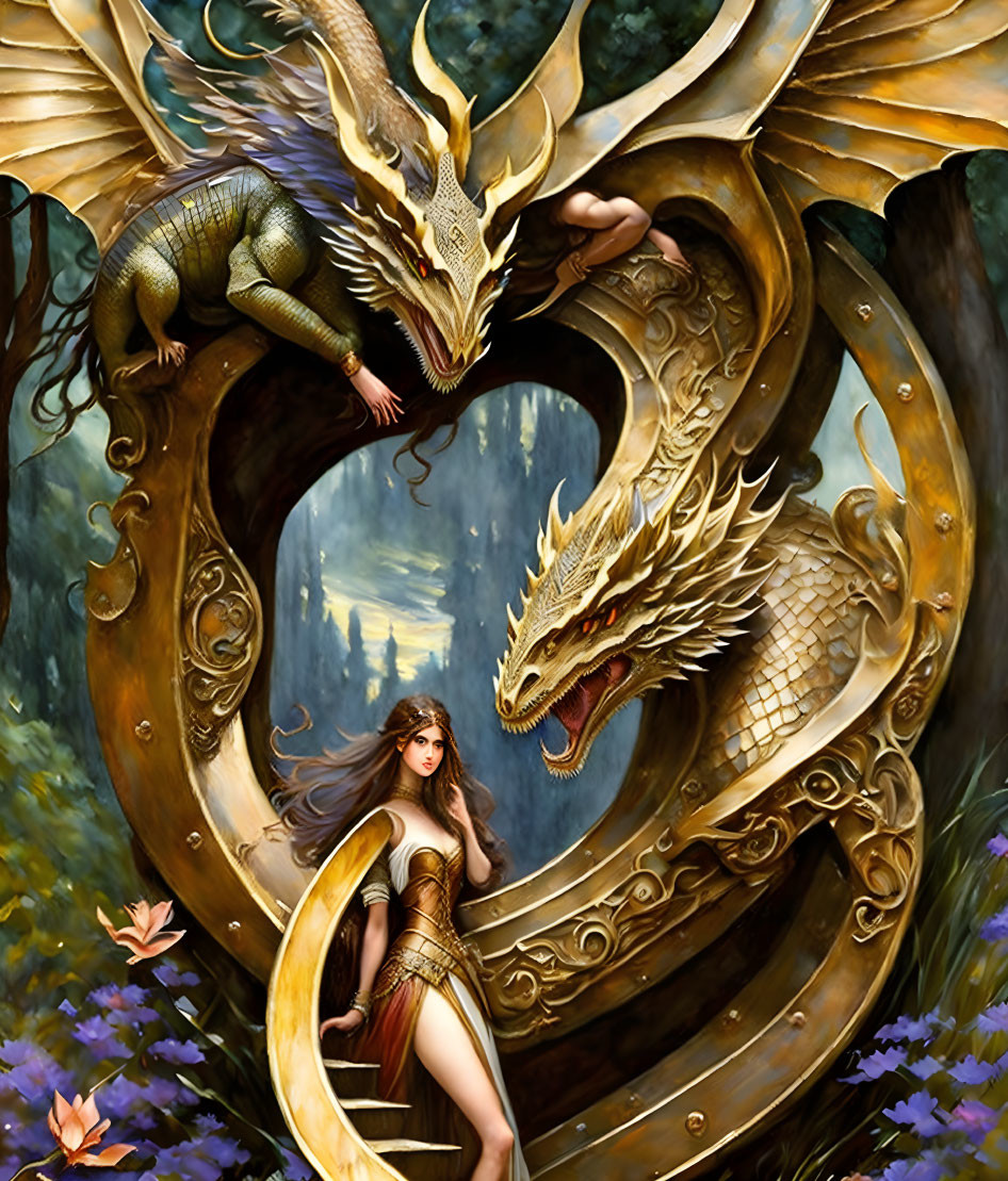 Fantasy illustration of warrior woman with dragon in heart shape against forest.