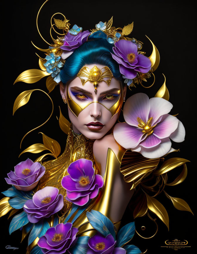 Stylized portrait of woman with golden floral ornaments on black background