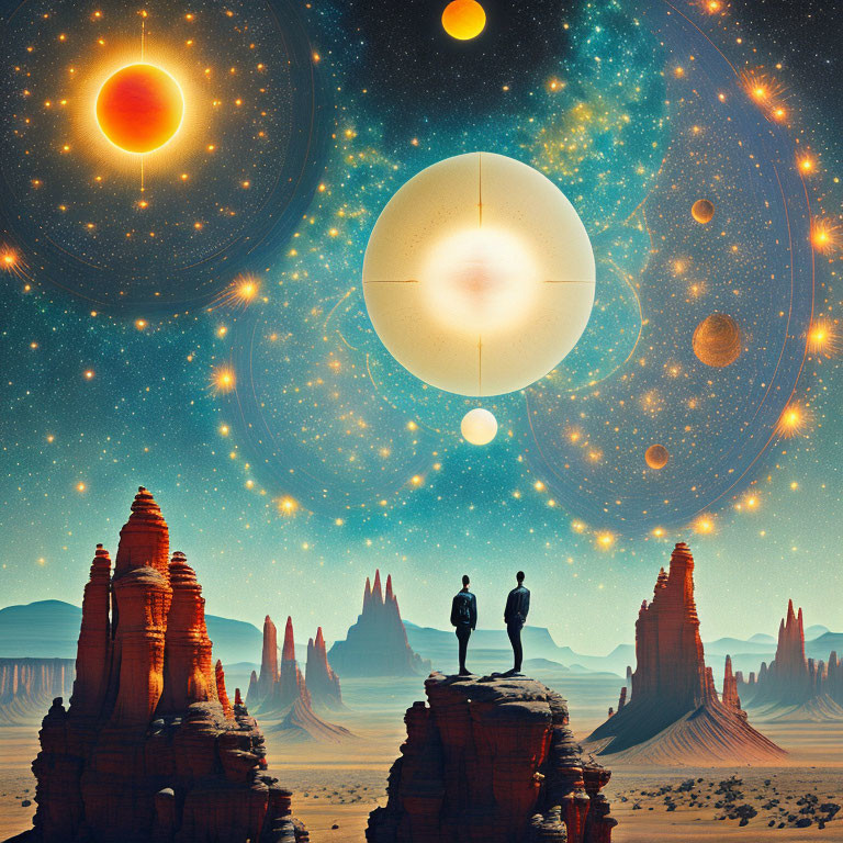 Silhouetted figures in desert admire celestial sky