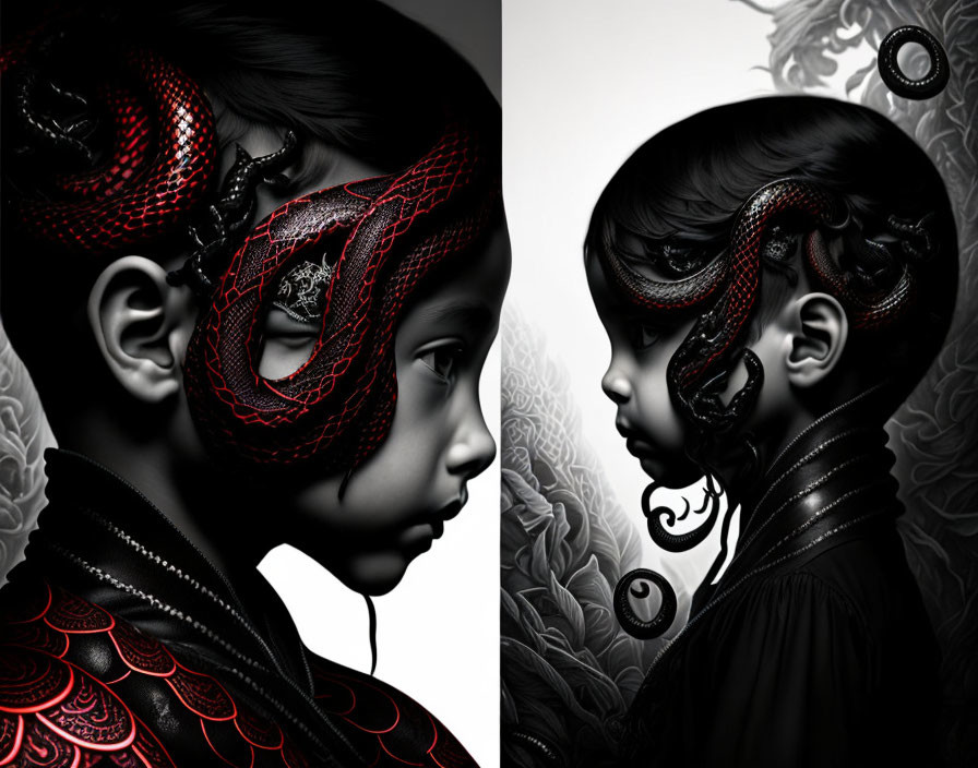 Digital Artwork: Two Profiles with Red and Black Snake Motifs on Young Individuals
