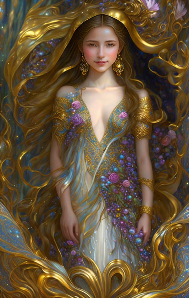 Regal fantasy aura of elegant woman in flowing gown with golden accents and vibrant flowers