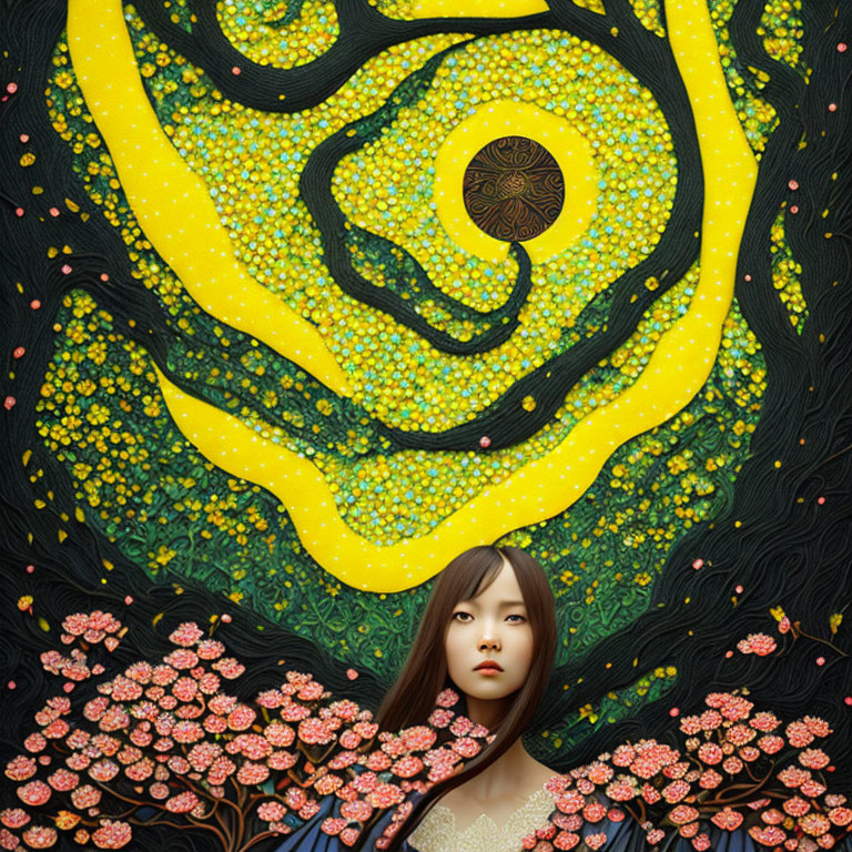 Person in Stylized Floral Background Inspired by "Starry Night