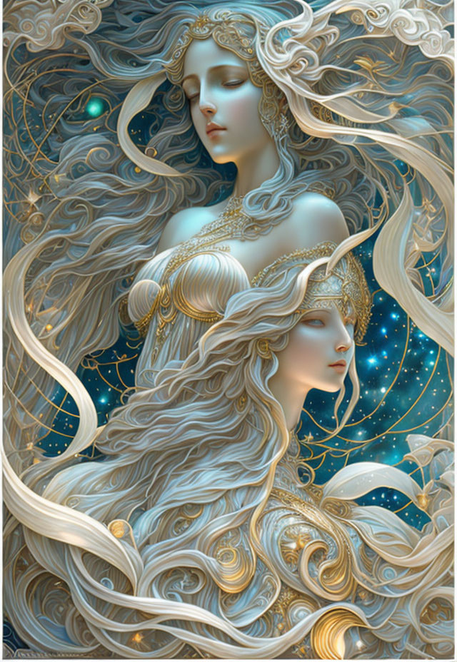 Illustration of woman with golden hair and celestial ornaments against night sky.