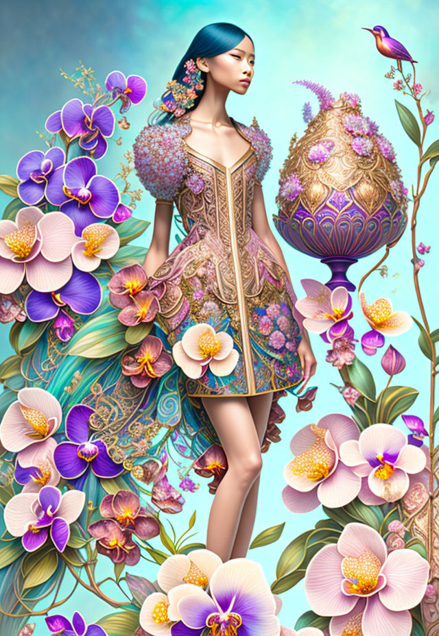 Digital illustration of woman in floral dress with orchids, bird on vase under blue sky