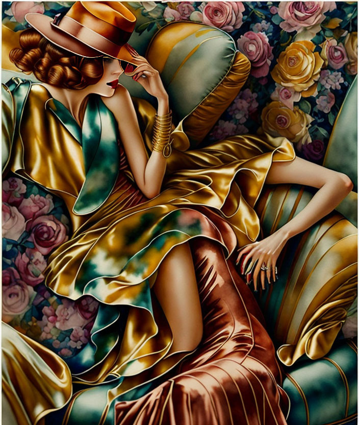 Illustration of elegant woman in golden gown on floral sofa