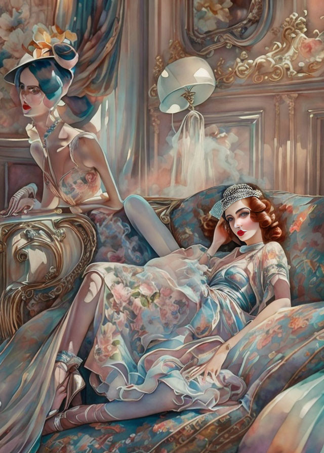 Stylized women in vintage dresses lounging in opulent room