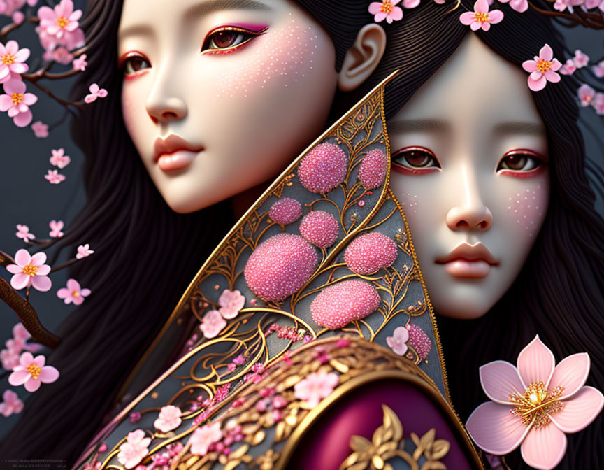 Illustrated women with elaborate hair ornaments in pink blossom setting.