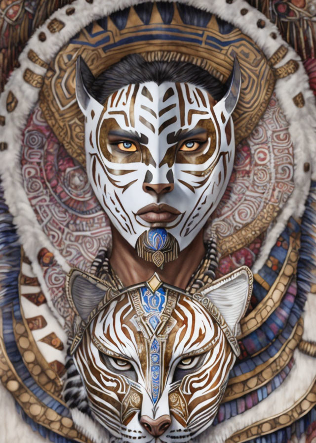 Intricate Tiger Face Paint with Headdress and Mask on Ornate Background