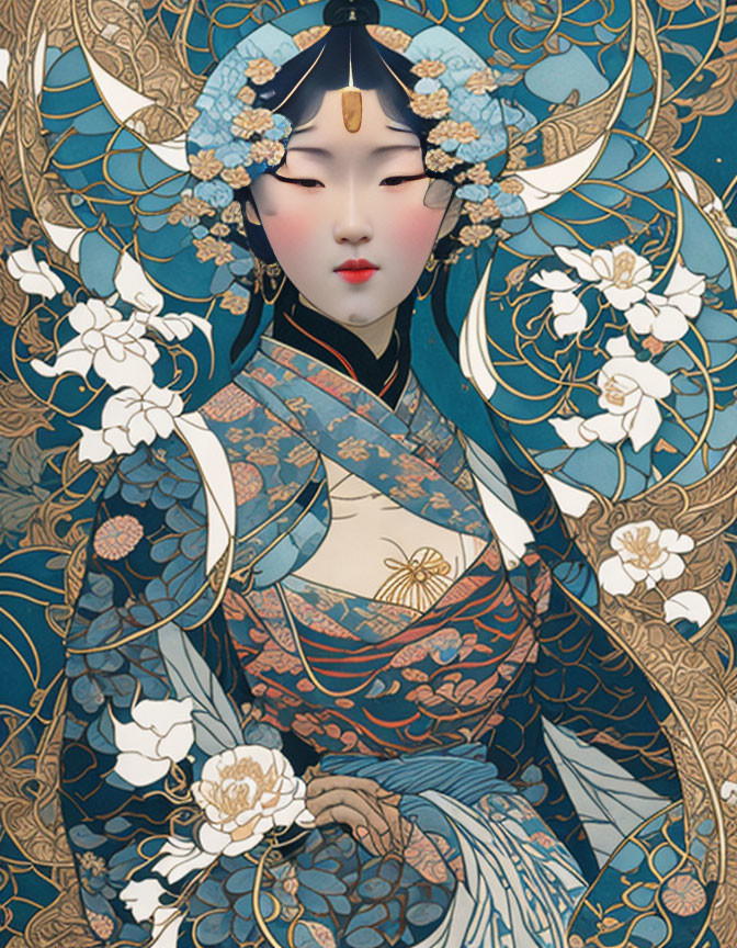 Detailed illustration of woman in traditional Asian attire with floral patterns and gold accents