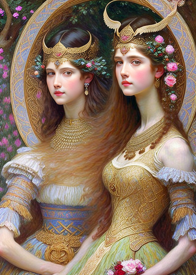 Two women in ornate fantasy attire with floral decorations and elaborate headdresses against a floral backdrop