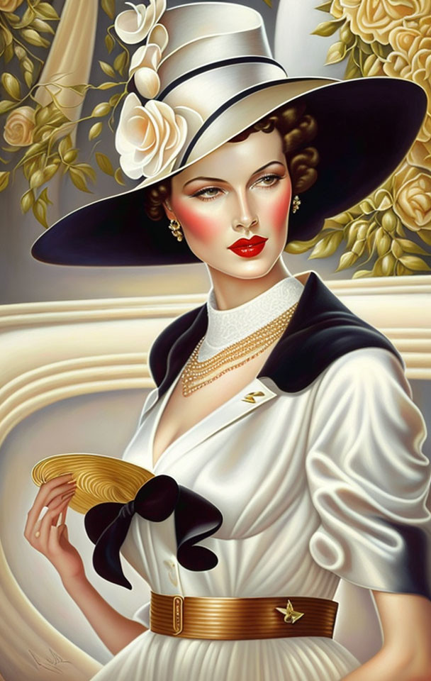 Vintage-inspired illustration of elegant woman in wide-brimmed hat, pearl necklace, and gloves.