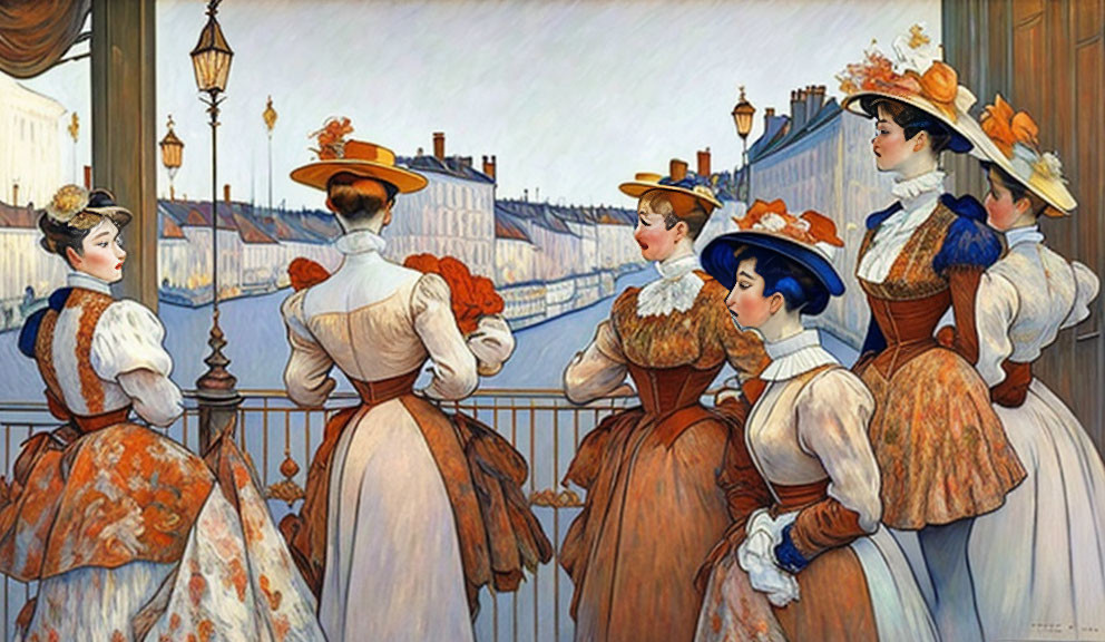 Victorian-era women in elegant dresses on balcony overlooking city street