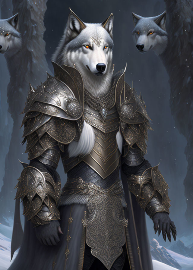 Anthropomorphic wolf in intricate armor with snowy backdrop and wolf heads