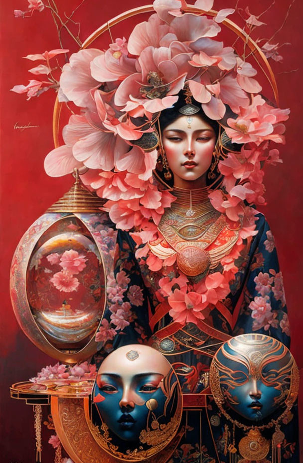 Elaborate headgear woman surrounded by pink blossoms and ornate masks on a table.