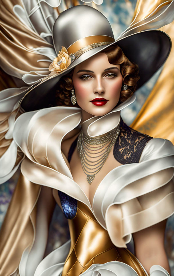 Vintage Fashion Portrait of Woman in White Hat & Golden Dress