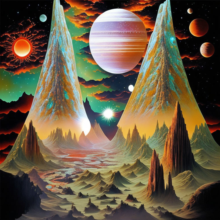 Sci-fi landscape: twin peaks, starry sky, sun behind mountains, red valley
