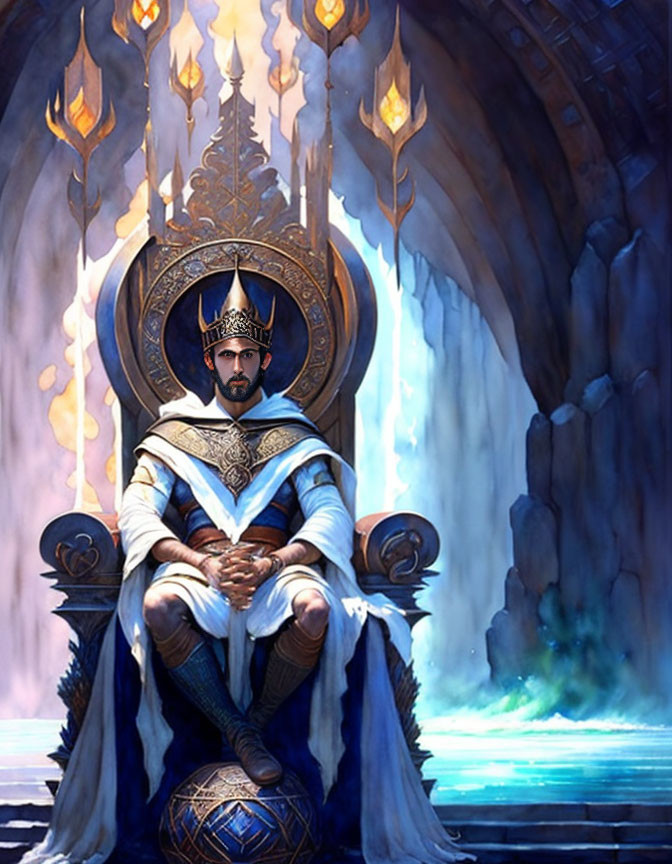 Regal figure in crown and robes on throne with icy backdrop