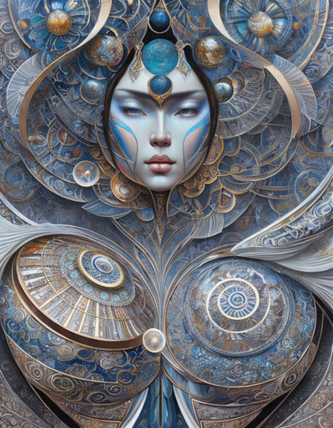 Fantasy artwork of woman with metallic peacock-feather headdress